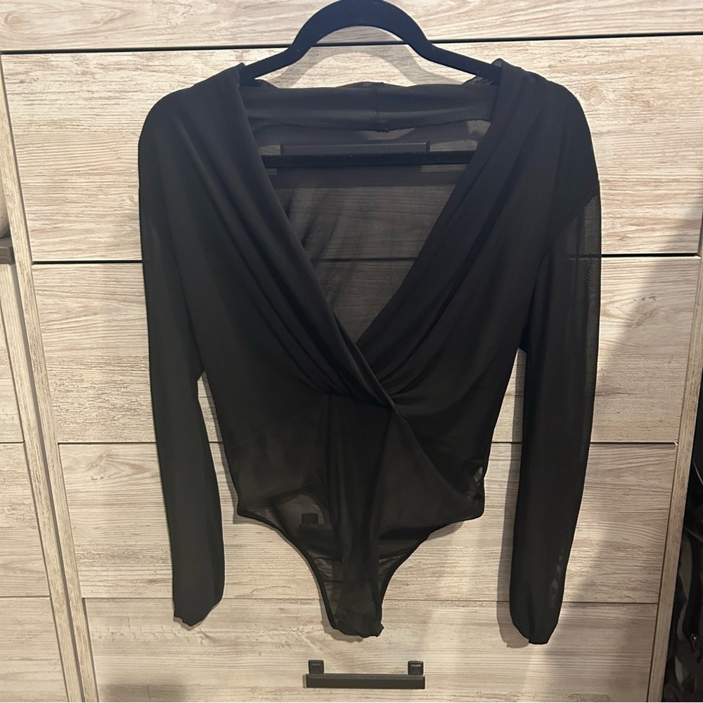 Worn once black sexy low cut mesh netting bodysuit L - Picture 2 of 3